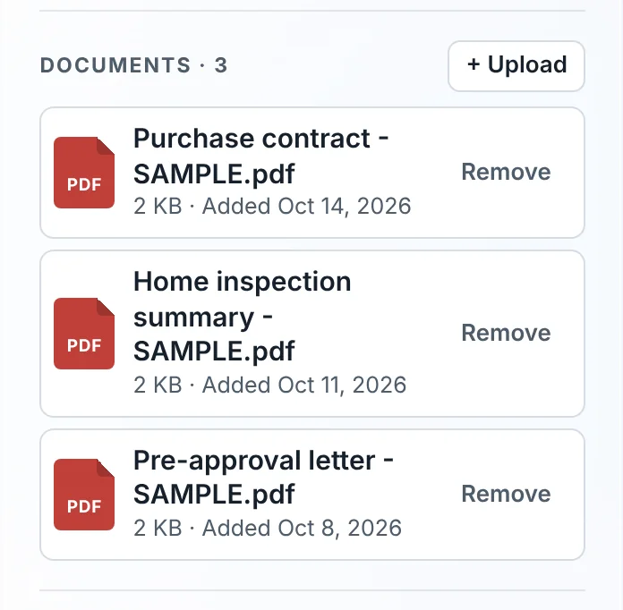 The Documents section of a client card listing a purchase contract, a home inspection summary and a pre-approval letter.