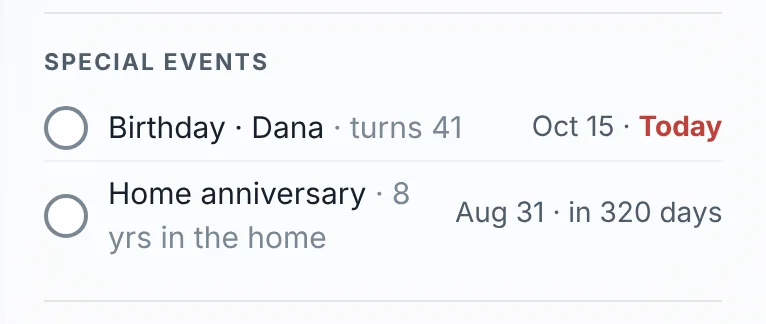 A Special events list showing a home anniversary and Dana's birthday with how many days away each one is.