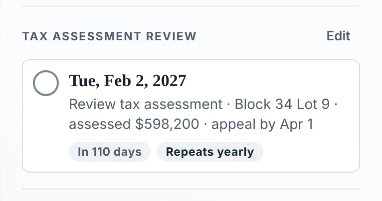 A Tax assessment review reminder for February 1 that repeats yearly, noting the block, lot, assessed value and appeal deadline.