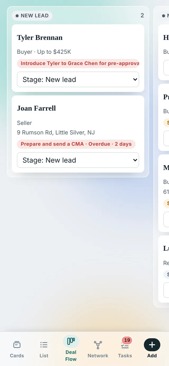 The Deal Flow board on a phone, swiping between stage columns.