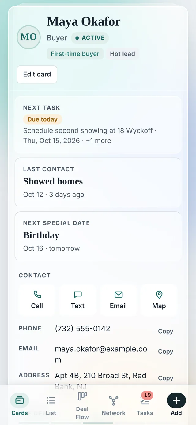 A client card on a phone with next task, last contact, next special date and Call, Text, Email and Map buttons.