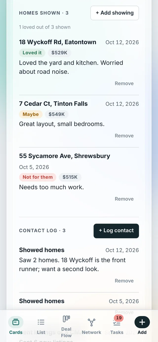 A buyer's card on a phone listing three homes shown, each rated Loved it, Maybe or Not for them with notes, and the contact log below.